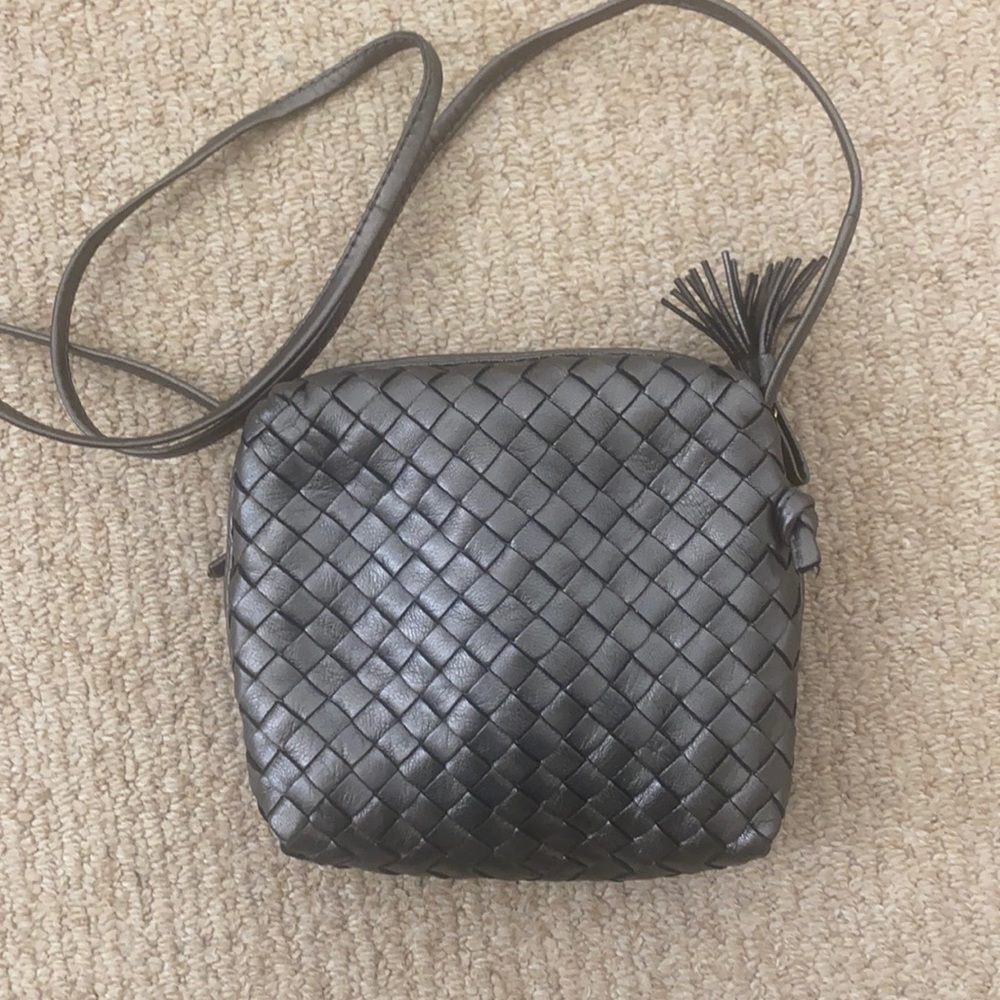 Bottega Veneta Pewter Leather Woven Crossbody Bag